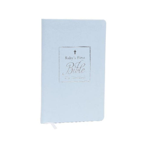 Light blue book titled 'Baby's First Bible' on a white background