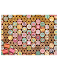 Pattern of colorful spools of thread with various designs on a white background